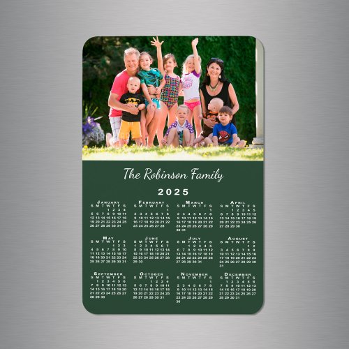 Customizable Photo and Name Green 2025 Calendar Magnet