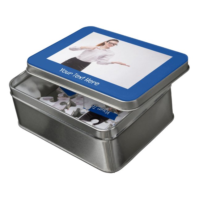 Customizable Photo and Text Deep Blue  Jigsaw Puzzle (Lid Open)