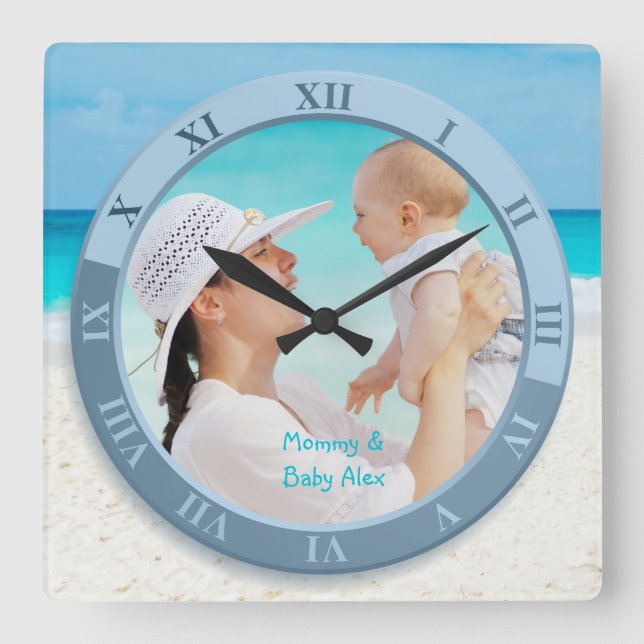 Customizable Photo Clock Coastal Beach Blue Sea (Front)