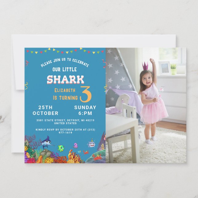 Customizable Photo Colorful Little Shark Birthday Invitation (Front)