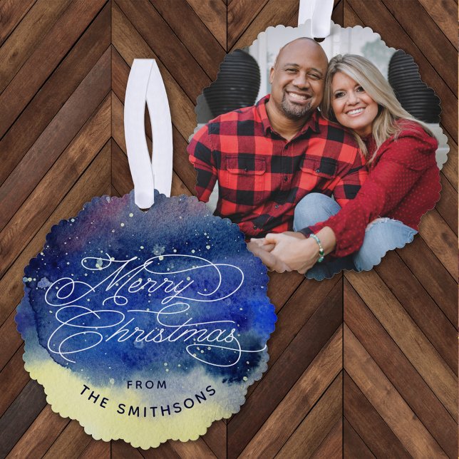 Customizable Photo Cute Navy Blue Merry Christmas Ornament Card (Creator Uploaded)