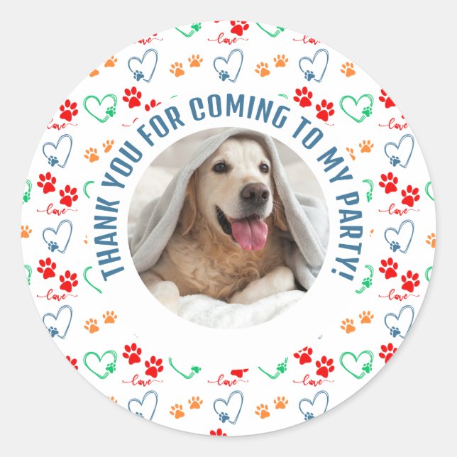 Customizable Photo Dog Birthday Thank You Party Classic Round Sticker (Front)
