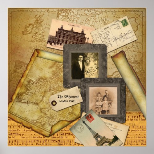 Customizable Photo Frame Vintage Map Paper Collage Poster