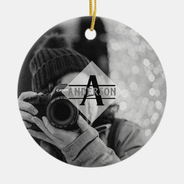 Customizable PHOTO Monogram Gifts Modern Ceramic Ornament (Front)