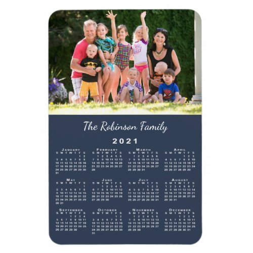 Customizable Photo Name Navy Blue 2021 Calendar Magnet
