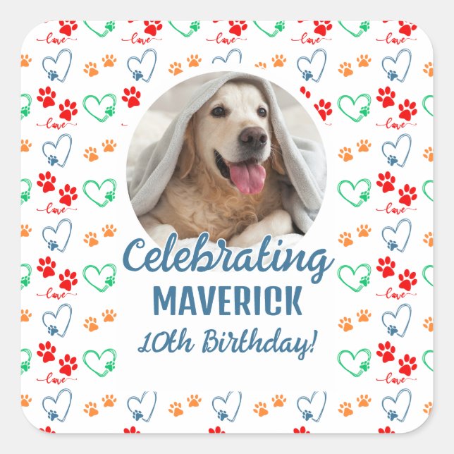 Customizable Photo Paw Print Dog Birthday Party Square Sticker (Front)