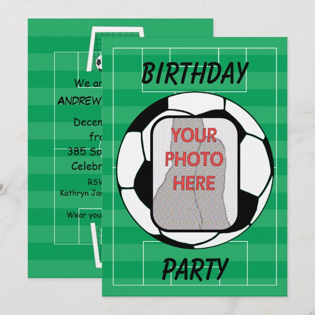 Customizable photo soccer ball party invitations (Front/Back)