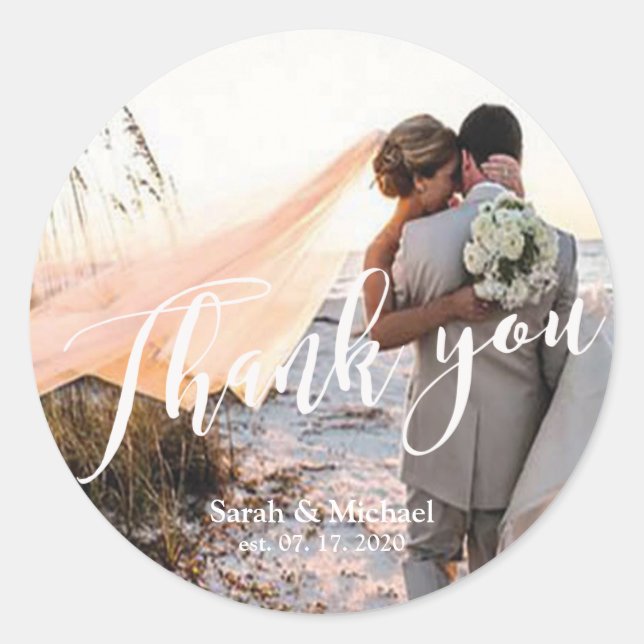 Customizable Photo Wedding Thank You Classic Round Sticker (Front)