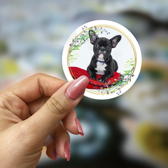 Customizable photo with round floral wreath classic round sticker (Creator Uploaded)