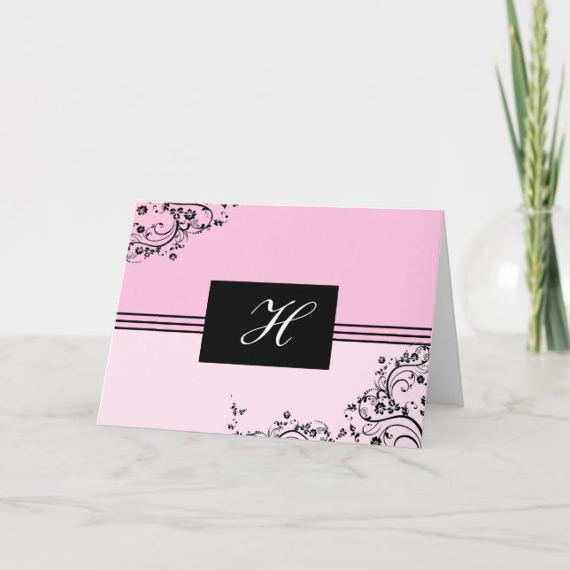 Customizable Pink and Black Monogrammed Card (Front)