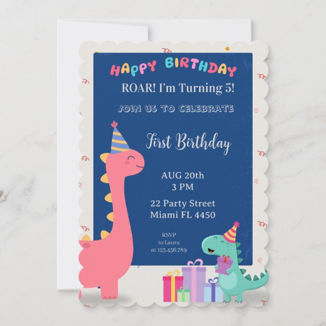 Customizable pink and blue dinosaur party invitati invitation (Front)
