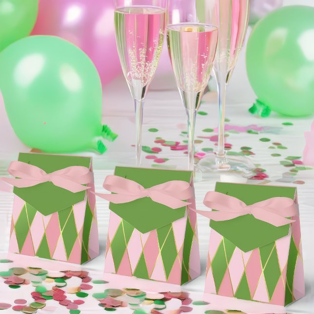 Customizable Pink and Green Argyle  Favor Boxes (Festive Pink and Green Party Celebration Favor Boxes )