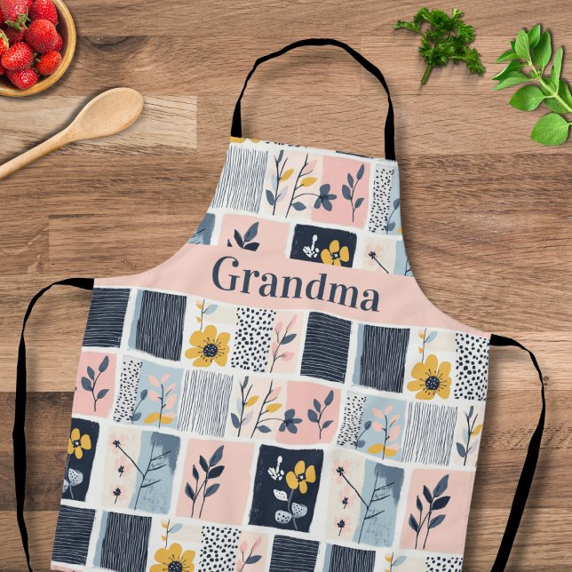 Customizable Pink and Navy Floral Patchwork Quilt  Apron (Creator Uploaded)