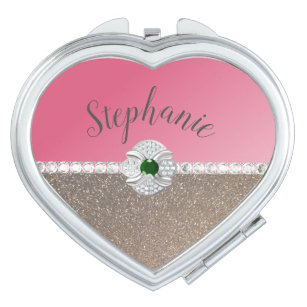 Glitter Heart Print Designer Compact Mirror