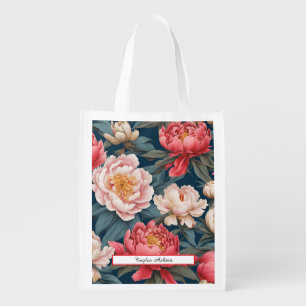 Customizable Pink and White Peonies Oriental Grocery Bag