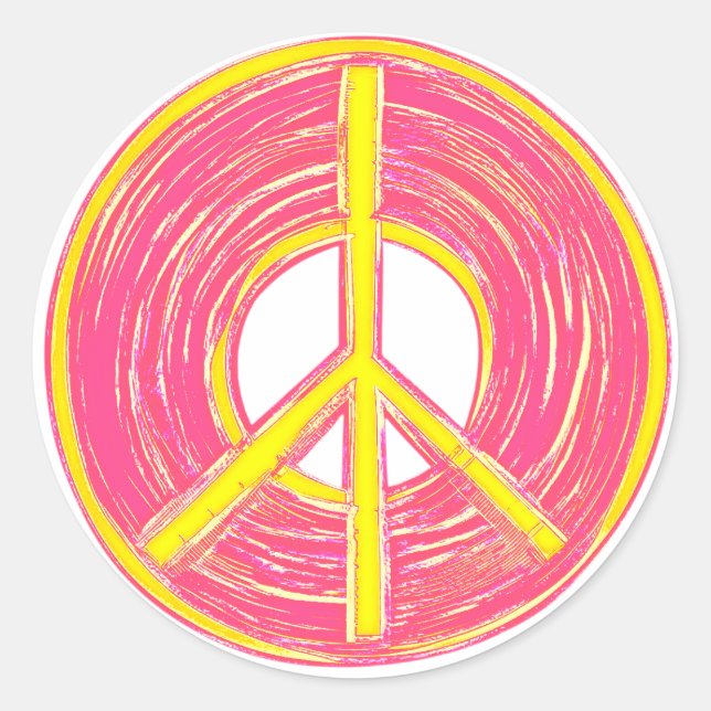 Customizable Pink and Yellow Peace Sign Classic Round Sticker (Front)