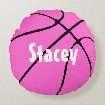 Customizable Pink Basketball Round Throw Pillow by SoccerMomsDepot at Zazzle