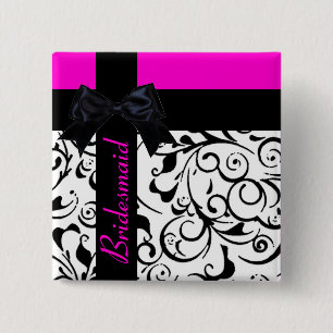 Customizable pink black damask bridesmaid pin