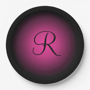 Customizable pink black monogram paper plates