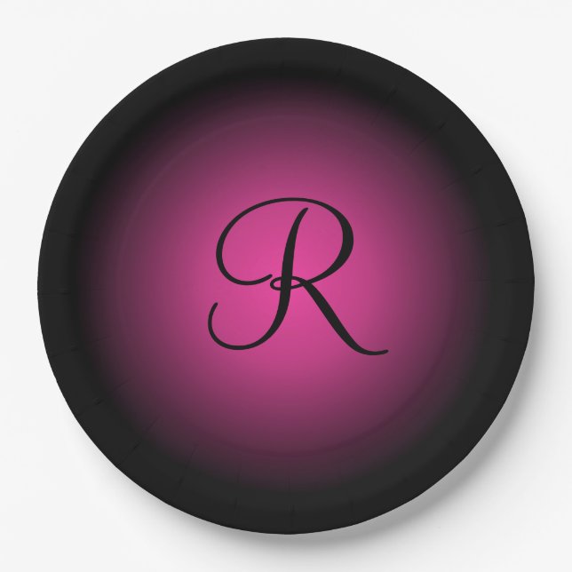 Customizable pink black monogram paper plates (Front)