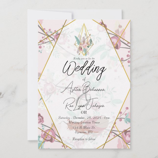Customizable Pink Boho Wedding Invitation (Front)