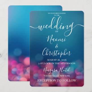Customizable Pink Bokeh Blue Wedding Invitation