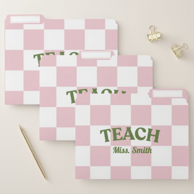 Customizable Pink Checkered Teacher File Folders (Set)