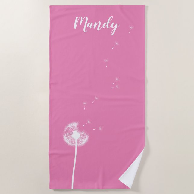 Customizable Pink Dandelion Beach Towel (Front)