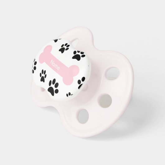 Customizable Pink Dog Bone with Paw Prints Pacifier (Front Right)