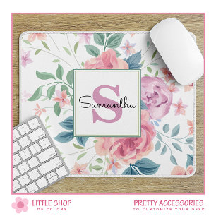 Customizable Pink Floral Monogrammed Mouse Pad