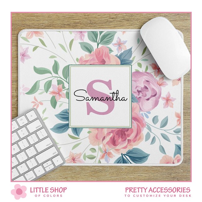 Customizable Pink Floral Monogrammed Mouse Pad (Creator Uploaded)