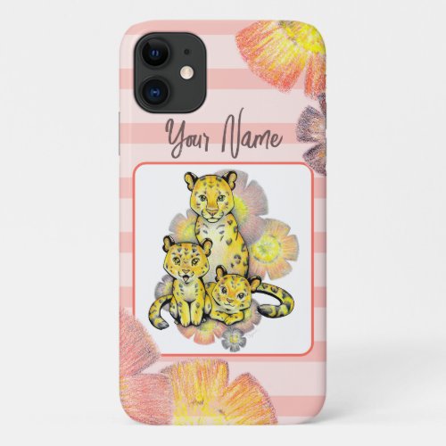 Customizable Pink Floral NameMonogram Leopard iPhone 11 Case