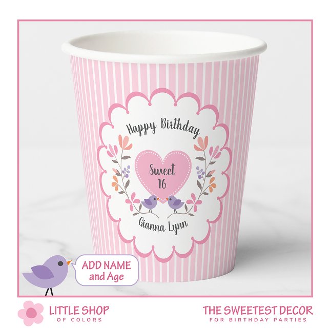 Customizable Pink Floral Sweet 16 Birthday Party Paper Cups (Creator Uploaded)