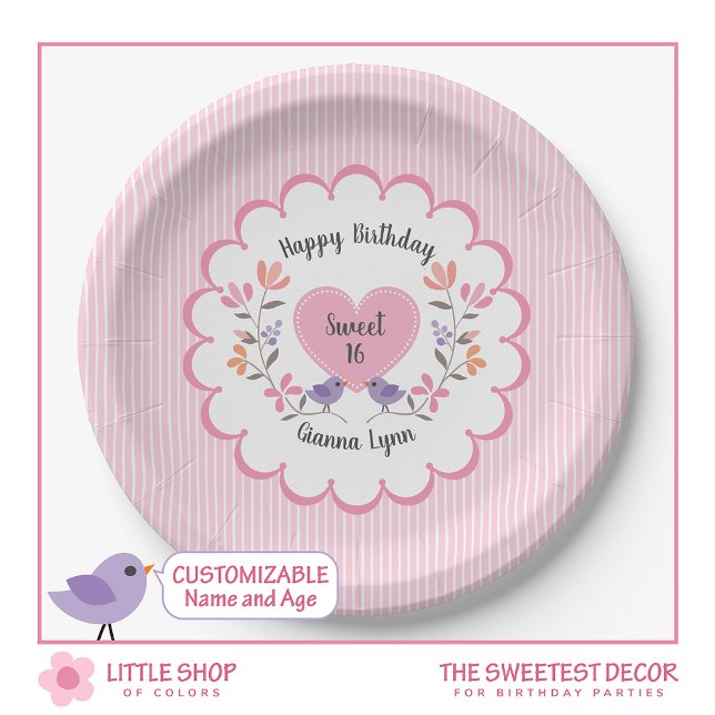 Customizable Pink Floral Sweet 16 Birthday Party Paper Plates (Creator Uploaded)