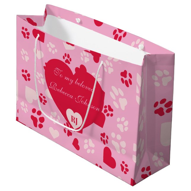 Customizable Pink Gift Bag with Paw prints Pattern (Front Angled)