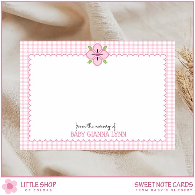 Customizable Pink Gingham Baby Girl Nursery Thank  Note Card (Creator Uploaded)