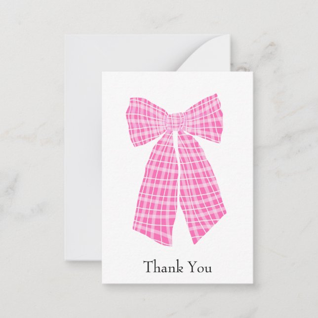 Customizable Pink Gingham Coquette Bow Thank You Note Card (Front)