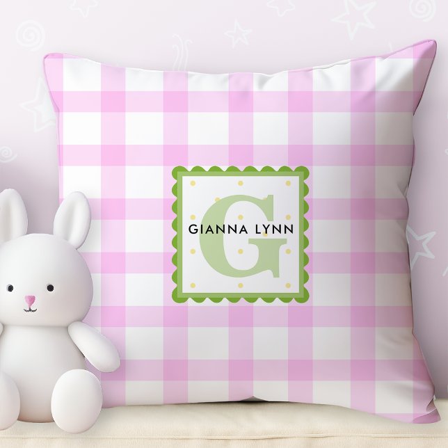 Customizable Pink Gingham Monogram Throw Pillow (Creator Uploaded)