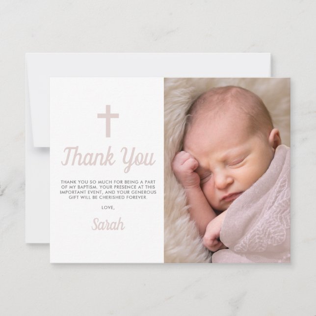 Customizable Pink Girl Baptism Christening Photo Thank You Card (Front)