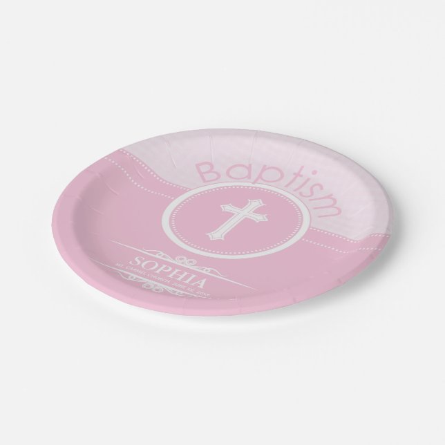 Customizable, Pink Girl Child of God Baptism Paper Plates (Angled)