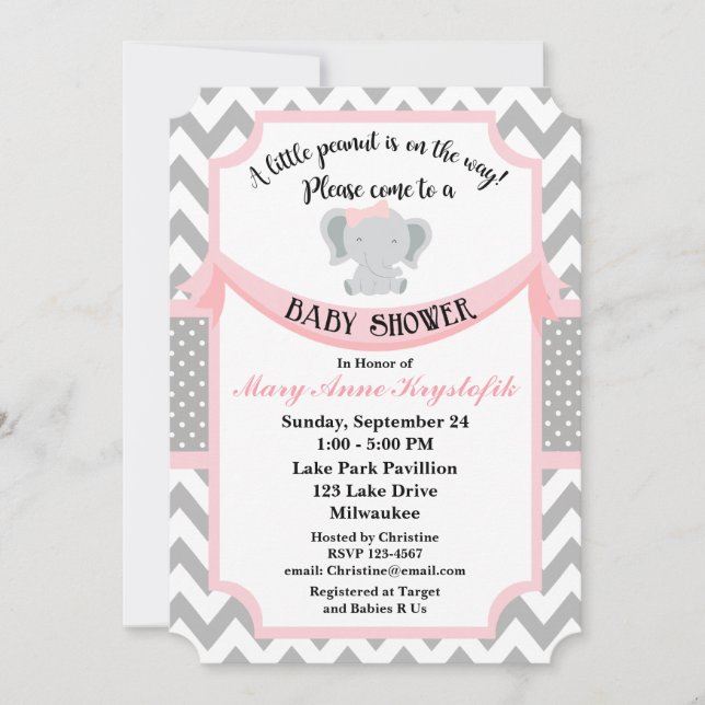 Customizable Pink Gray Baby Girl Shower Invitation (Front)
