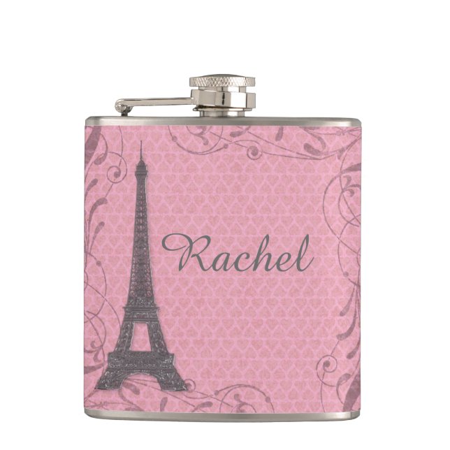 Customizable pink gray Eiffel Tower flask (Front)