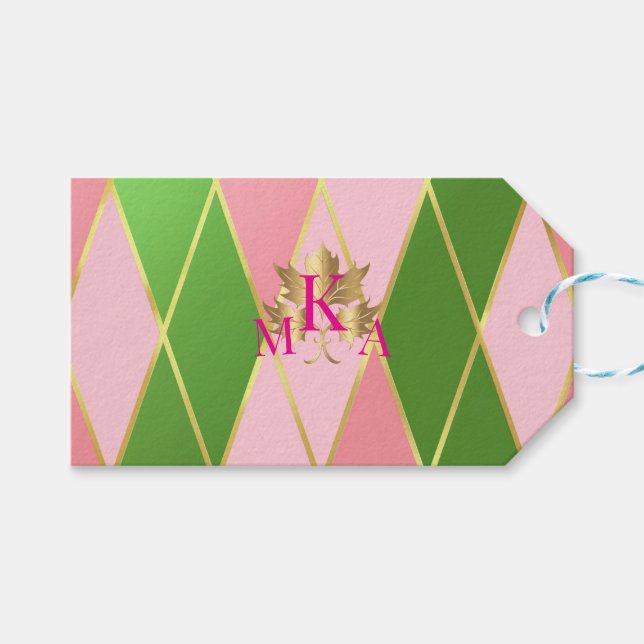 Customizable Pink & Green Argyle  Gift Tags (Front (Horizontal))