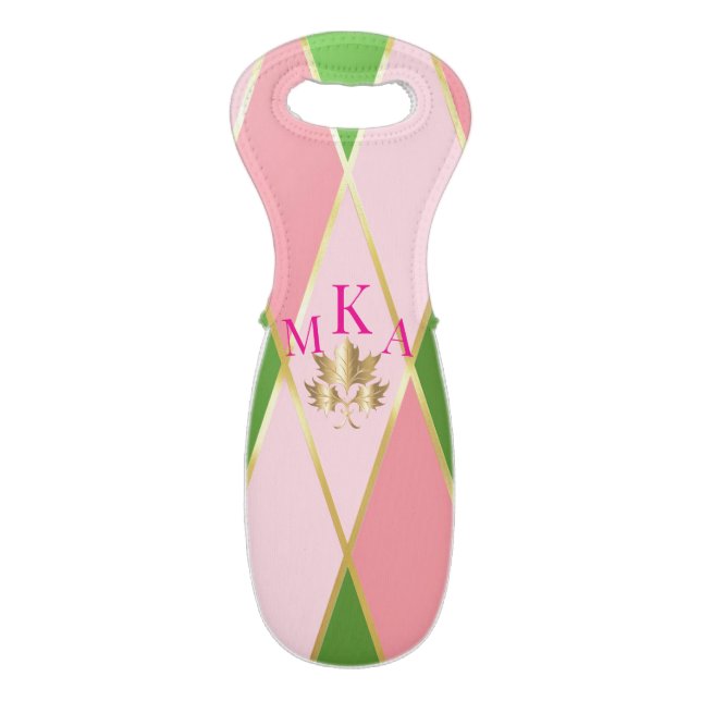 Customizable Pink & Green Argyle Wine Bag (Back Flat)