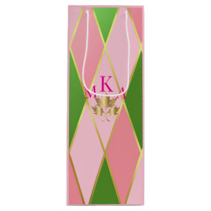 Customizable Pink & Green Argyle Wine Gift Bag