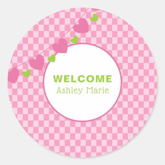 Customizable Pink Heart Checkerboard Welcome Baby Classic Round Sticker (Front)