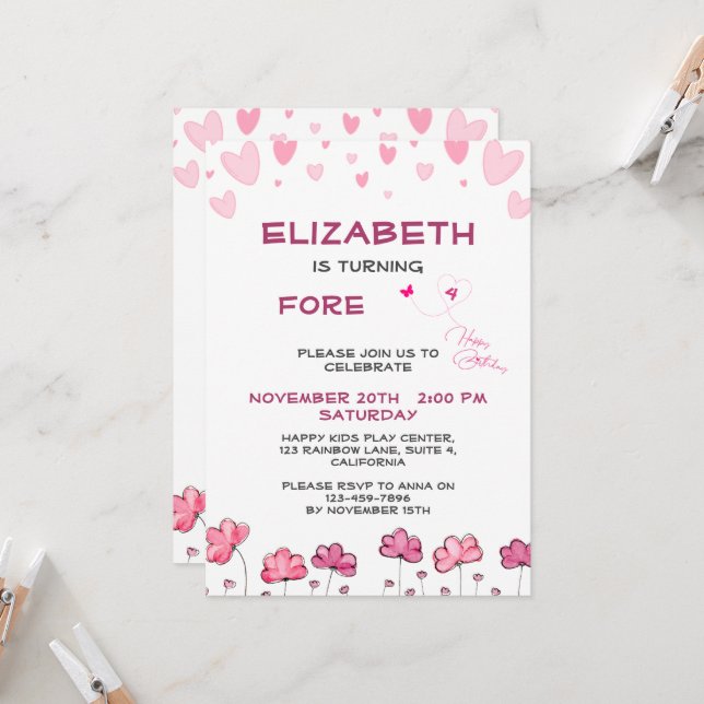 Customizable Pink Hearts and Flowers Birthday Invitation (Front/Back In Situ)
