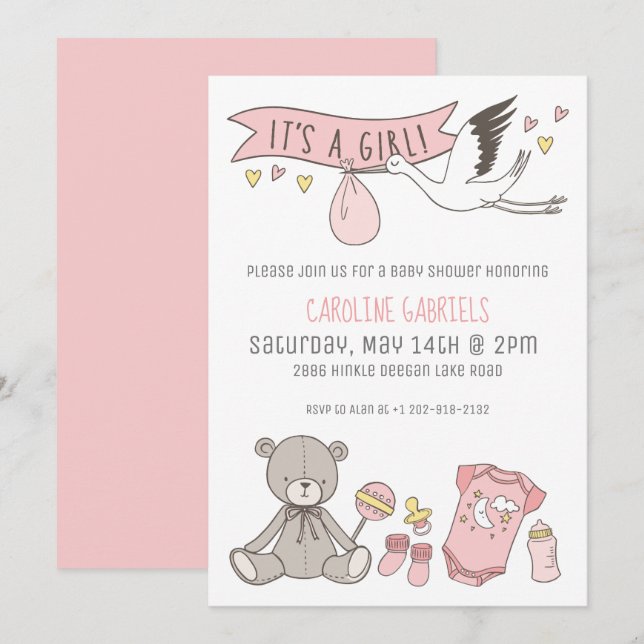 Customizable Pink It's a Girl Baby Shower Invitation (Front/Back)