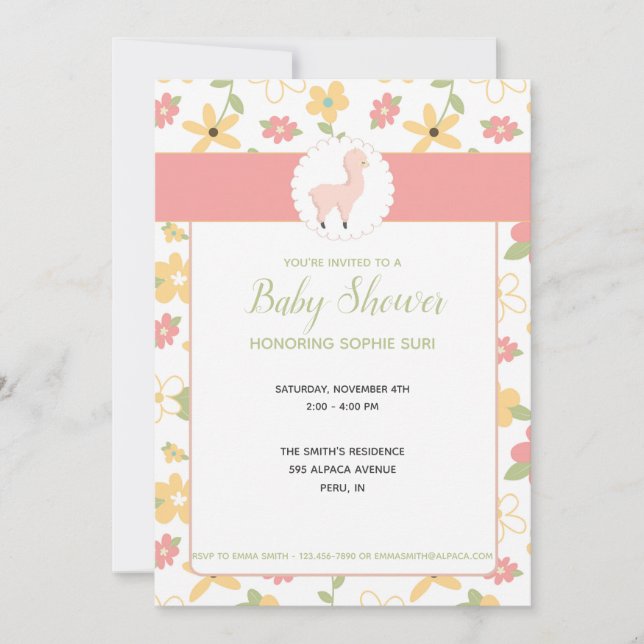 Customizable Pink Little Llama Baby Shower Invite (Front)