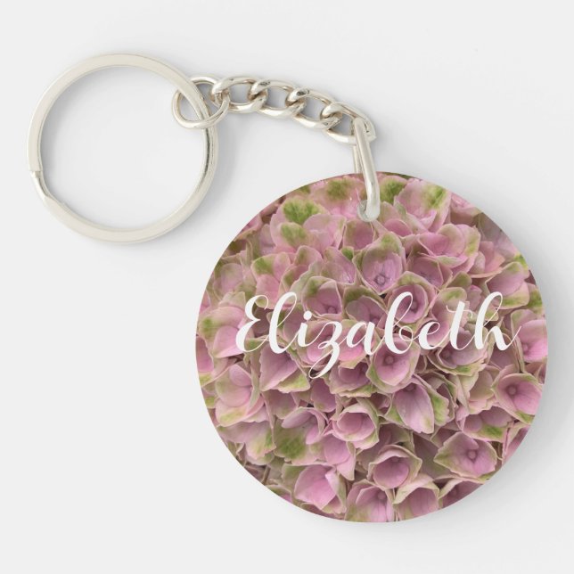Customizable Pink & Pale Green Floral Hydrangea Keychain (Front)